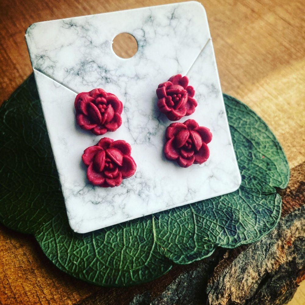 Handmade clay valentines red rose stud set